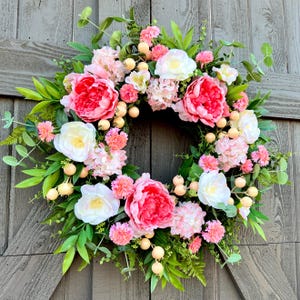 Spring Floral Wreath for front door, Pink and White Peony Wreath with Hydrangeas, Cottagecore Summer Wreath for porch, Year-Round Home Decor