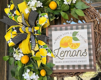 Lemon and white hydrangea wreath, spring and summer front door wreath, farmhouse and country cottage  decor,everyday greenery with fruit