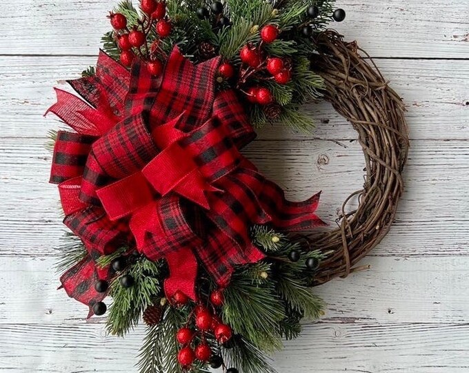 Buffalo Plaid Christmas Wreath for Front Door Evergreen Wreath With Red