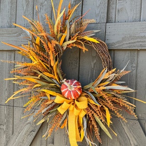 Mustard yellow fall wreath for front door, Autumn wreath with pumpkin and bow, Thanksgiving fall foliage wreath, farmhouse fall decor