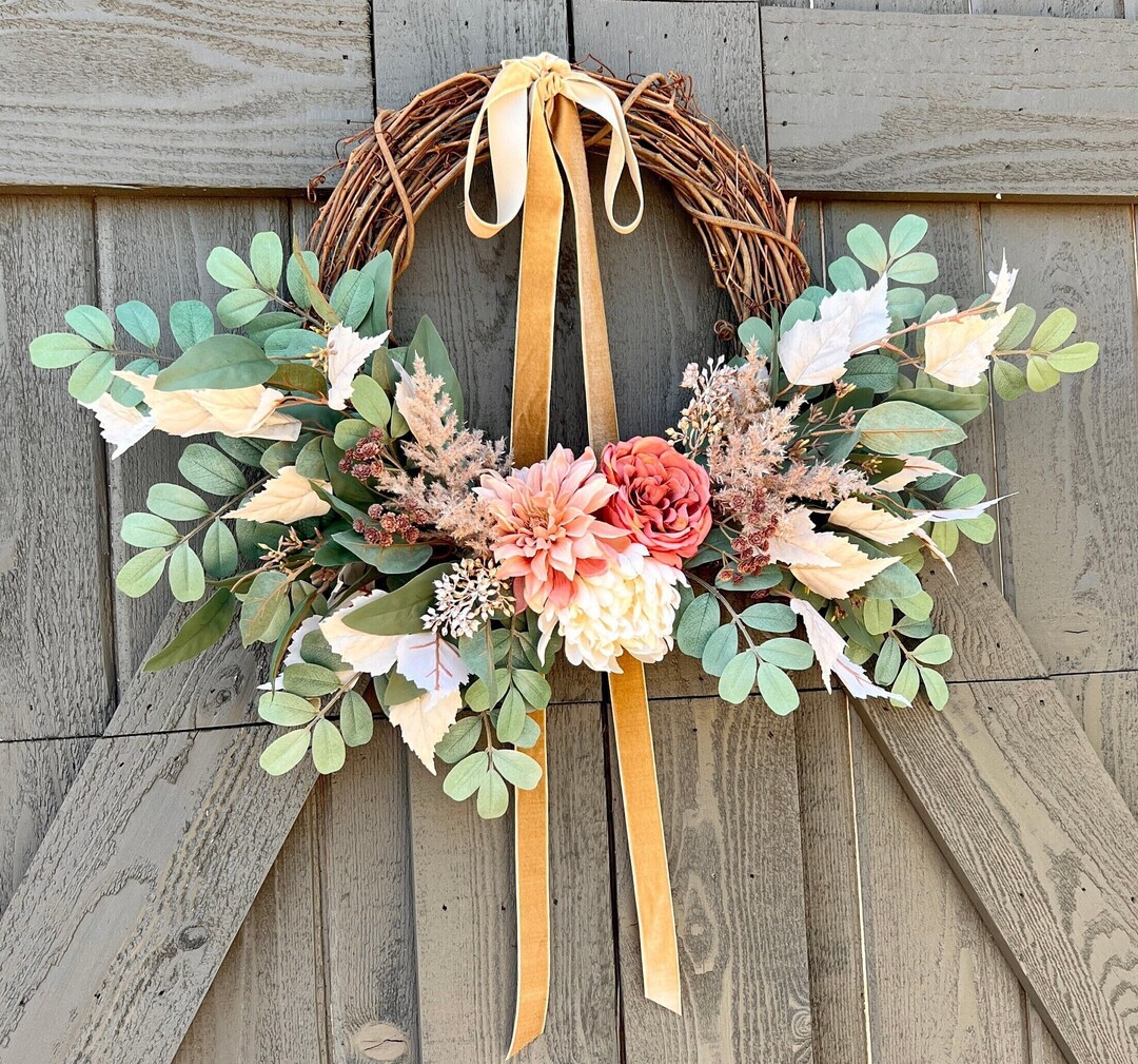Neutral Fall Boho Wreath for Front Door, Autumn Pink Wreath With Pampas ...