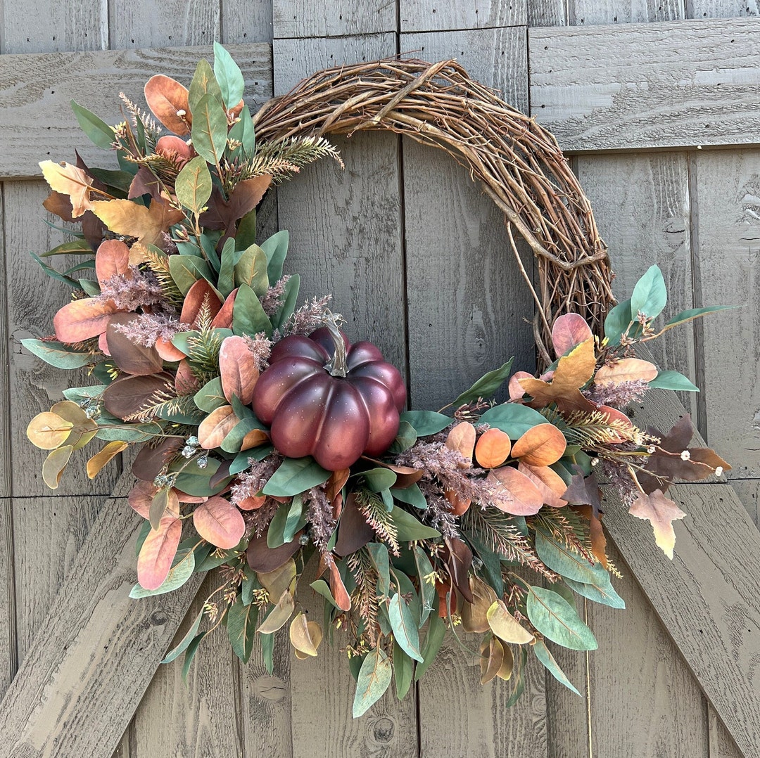 Fall Eucalyptus Wreath With Purple Pumpkin for Front Door, Autumn ...