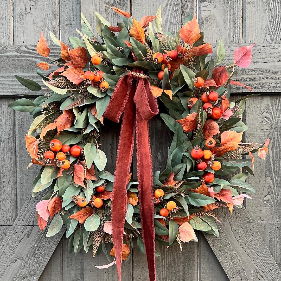 Fall Eucalyptus Wreath With Orange Berries, Autumn Wreath for Front ...