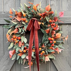 Fall eucalyptus wreath with orange berries, Autumn wreath for front door with seasonal rust colored velvet bow, farmhouse thanksgiving