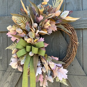 Plum Fall Wreath With Maple Leaves and Green Bow, Purple Autumn Door ...