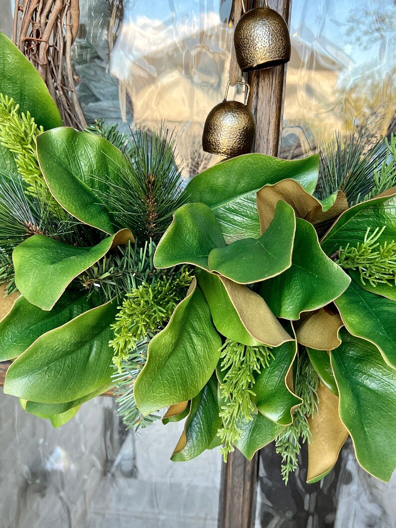 Magnolia Christmas Wreath Wreath With Bells Holiday Front Etsy