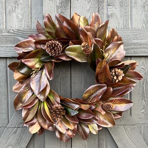 Brown Magnolia Leaf and Pinecone Wreath for front door,Thanksgiving to Christmas Wreath, Transitional Holiday Decor, Farmhouse Winter Wreath