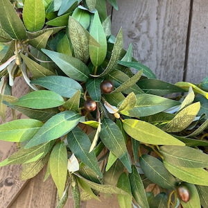 May include: A green olive branch wreath with brown olives. The wreath is made of artificial leaves and is perfect for adding a touch of nature to your home decor.