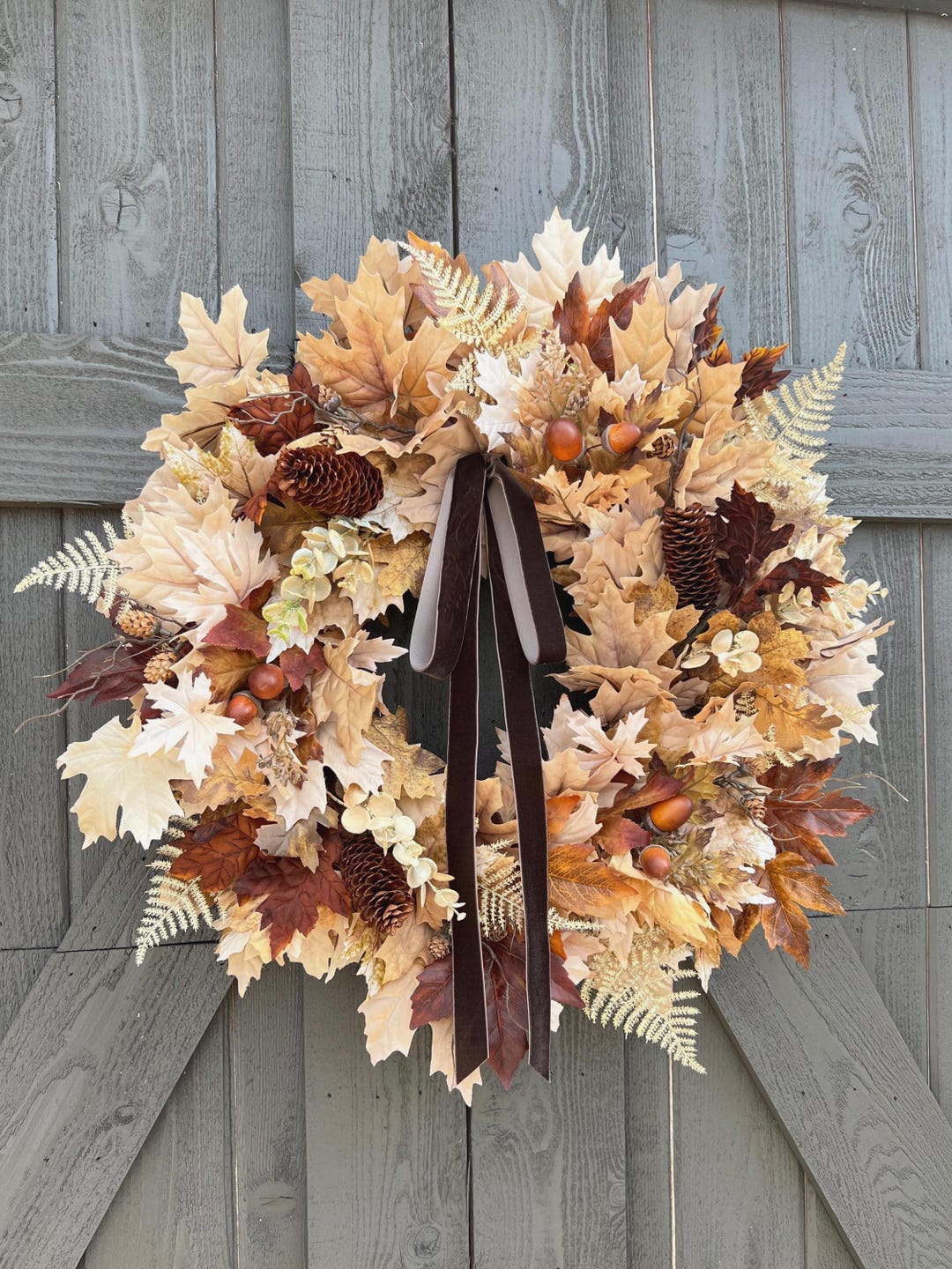 Neutral Fall Maple Leaf Wreath, Beige Autumn Foliage Front Door Decor ...