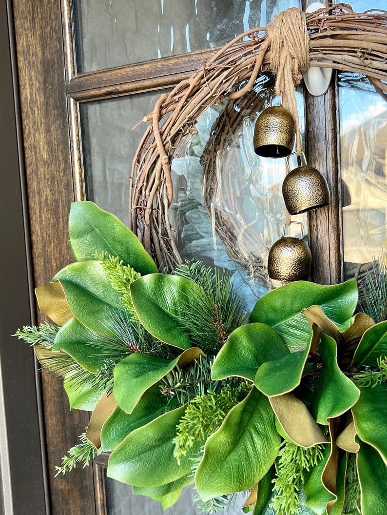 Magnolia Christmas Wreath Wreath With Bells Holiday Front Etsy