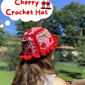 Handmade Crochet Granny Square Cherry Bucket Hat - Pink/Red/Green Granny Square Hat - Cute Summer Crochet Hat