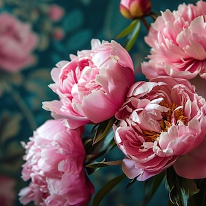 以下が含まれることがあります： 満開のピンク色の牡丹の花束のクローズアップ。花は繊細な花びらが何層にもなっており、暗いティール色の背景に花柄が施されています。この画像は、花の美しさを捉えています。