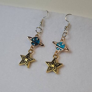 Blue Planet with Hanging Star Charm Earrings, Planets and Stars Earrings, Charm Earrings, Gift for Her, Astrology Gift, Space Earrings