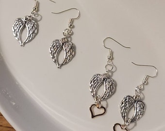 Angel Wing Earrings, Angel Wing Charm with Rose Gold Heart Charm Earrings, Wing Earrings, Gift for her
