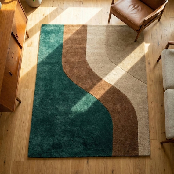 Hand Tufted Wool Area Rug Mid Century Modern Abstract Green Brown Beige Plush Soft Living Room Carpet 8x10 9x12 Custom Size