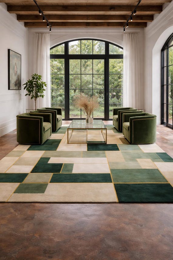 Green Geometric Wool Rug, Modern Hand Tufted Area Rug, Luxury Abstract Patchwork Carpet for Living Room, Custom Size Wool Rug