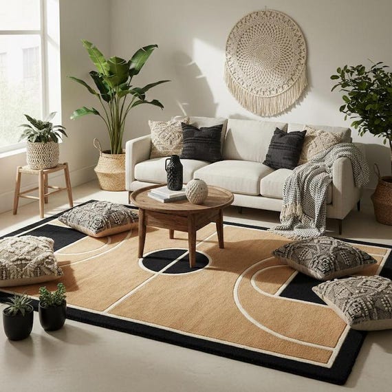 Hand Tufted Wool Area Rug Mid Century Geometric Basketball Court Design Tan Black Modern Living Room Carpet 8x10 9x12 Custom