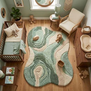 Può includere: Una cameretta per bambini con una culla in legno, un tappeto fantasia nei toni del verde e beige e una sedia a dondolo. Il tappeto ha una forma organica insolita. La stanza è decorata con orsacchiotti e altri oggetti, creando un'atmosfera accogliente.