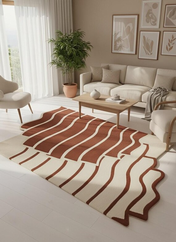 Hand-Tufted Wool Blend Rug – Modern Wavy Abstract Brown Cream Carpet