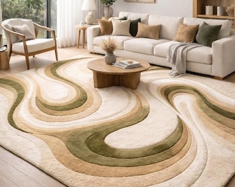 Hand Tufted Wool Rug | Sage Green Abstract Wave, Japandi Style