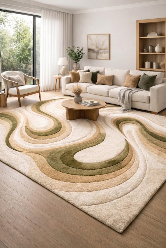 Organic Abstract Wave Wool Rug | Sage Green Neutral Area Rug | Hand Tufted Modern Carpet for Living Room Bedroom | Japandi Style Rug