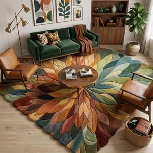 May include: A living room with a large, multi-coloured rug with a leaf pattern. The rug's colours include orange, brown, green, and blue. The room also features a green velvet sofa, two brown leather chairs, a round wooden coffee table, and wall art.