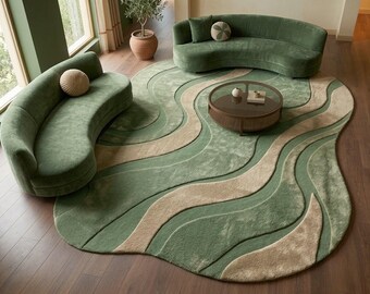 Hand-Tufted Fluid Wave Rug – Greige NZ Wool, Minimalist Abstract Area Carpet