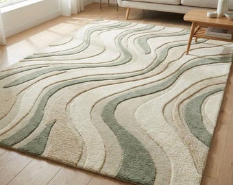 Hand Tufted Wave Wool Rug, Sage Green Abstract Carpet