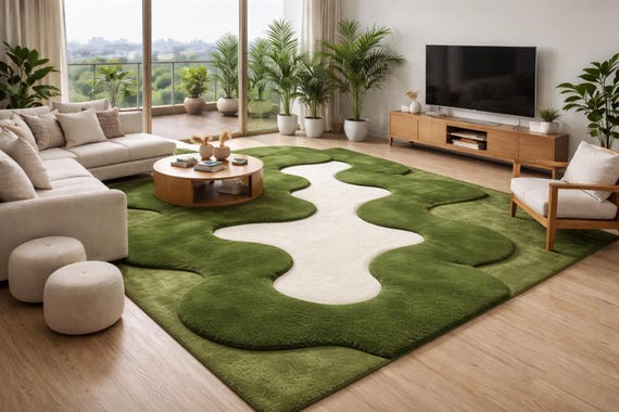 Green Moss Hand Tufted Wool Rug | Organic Wavy High Low Area Rug | Modern Biophilic Living Room Carpet