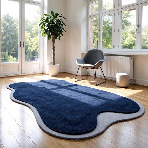 Navy Blue Hand Tufted Wool Rug | Organic Shape Area Rug | Modern Minimal Abstract Carpet | Luxury Living Room Rug