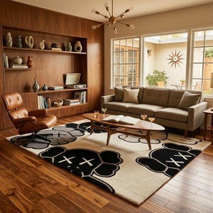 ​An oversized greyscale pop art statement carpet laid centered on dark wood flooring in a luxury high-rise apartment with floor-to-ceiling city views, styled with a grey sectional sofa and modern dining table.