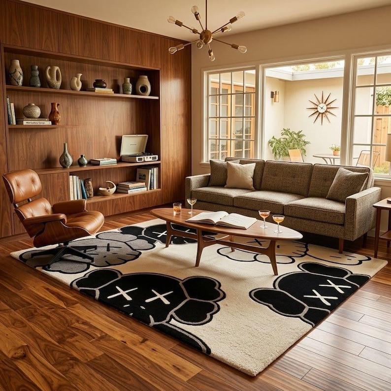 ​An oversized greyscale pop art statement carpet laid centered on dark wood flooring in a luxury high-rise apartment with floor-to-ceiling city views, styled with a grey sectional sofa and modern dining table.
