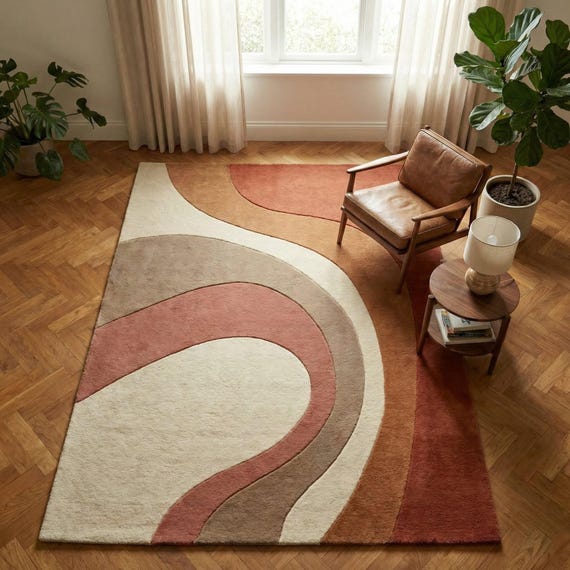 Modern Abstract Wool Area Rug Mid Century Hand Tufted New Zealand Wool Terracotta Neutral Plush Living Room Carpet 8x10 9x12 Custom Size