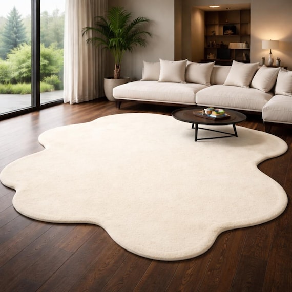 Cloud Shape Wool Rug, Hand Tufted Ivory Area Rug, Minimal Irregular Carpet, Modern Living Room Wool Rug