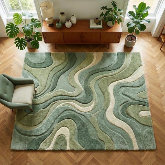 Hand Tufted Moss Wool Area Rug, Green Abstract Wave Rug, Modern Sculpted High Pile Rug, Luxury Living Room & Dining Room Carpet