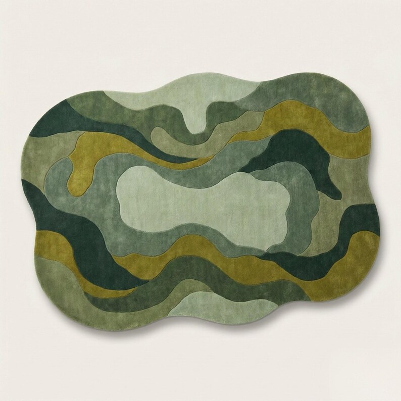 May include: A unique, abstract area rug with a flowing, organic design. The rug features a palette of greens, from deep forest to soft sage, with accents of olive and a central light green area. The irregular shape adds a modern touch to any space.