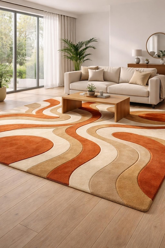 Hand-Tufted Modern Area Rug - Abstract Waves Design, Beige Orange Cream, Soft Wool Carpet for Living Room, Bedroom, Office