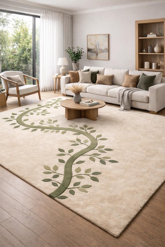 Leaf Pattern Hand Tufted Wool Rug for Living Room, Minimalist Nature Inspired Area Rug, Modern Beige Green Carpet