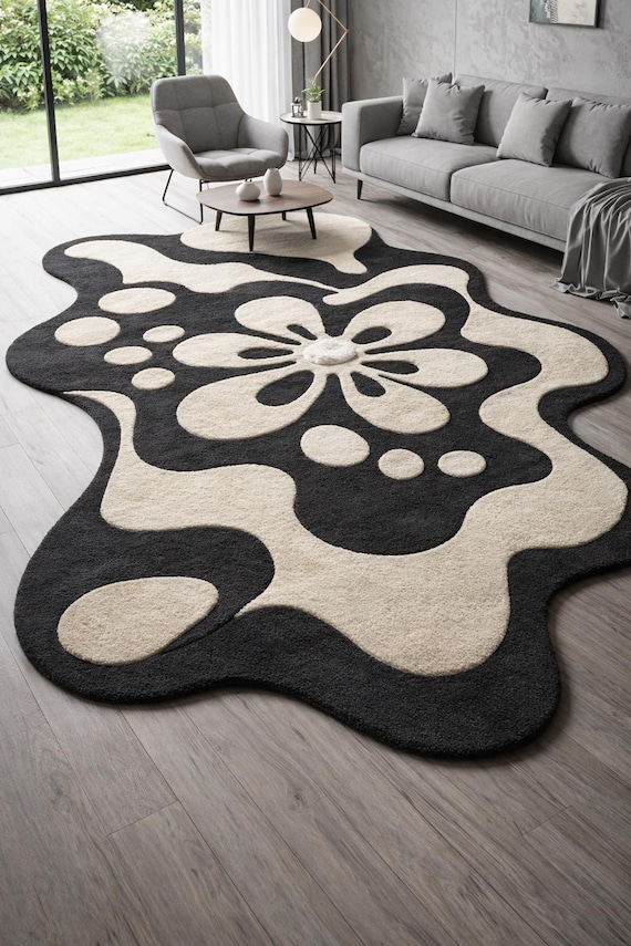 Hand Tufted Abstract Rug, Modern Black Beige Area Rug, Organic Shape Wool Carpet, Living Room Statement Rug, Custom Size