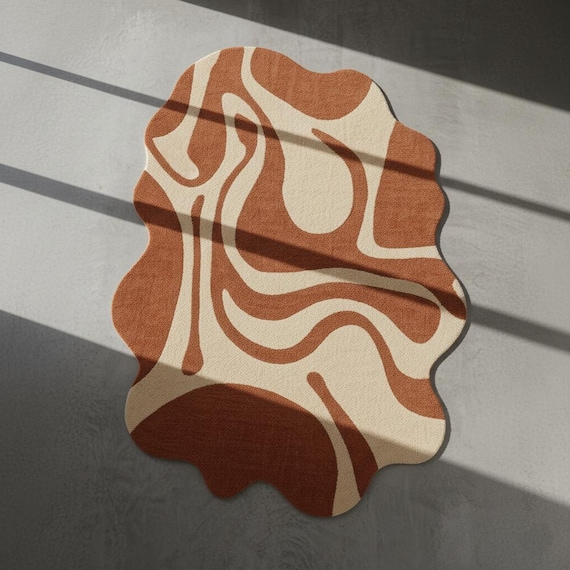 Terracotta Wave Rug, Retro Swirl Carpet, Earthy Abstract Floor Decor