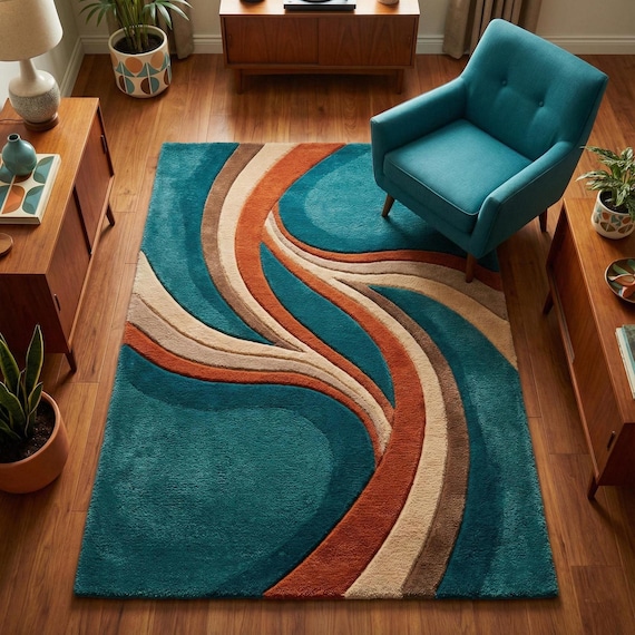 Hand Tufted Wool Abstract Wave Rug, Modern Teal Area Rug for Living Room, Retro Curved Design Carpet, Custom Size Rug