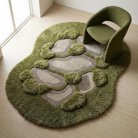 Hand Tufted Wool Area Rug Organic Modern 3D Textured Green Abstract Carpet Plush Luxury Decor 8x10 9x12 Custom Size