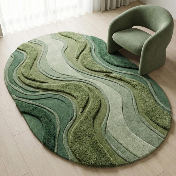 Hand Tufted Wool Area Rug Organic Modern Green Abstract 3D Wave Textured Plush Carpet Living Room 8x10 9x12 Custom