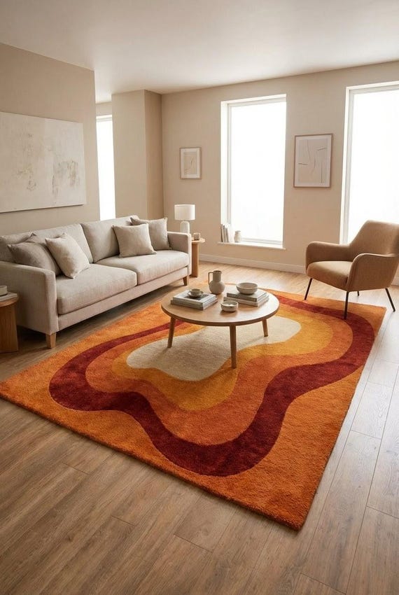 Hand Tufted Wool Area Rug Mid Century Modern Abstract Orange Boho Carpet Plush Retro Living Room Decor 8x10 9x12 Custom