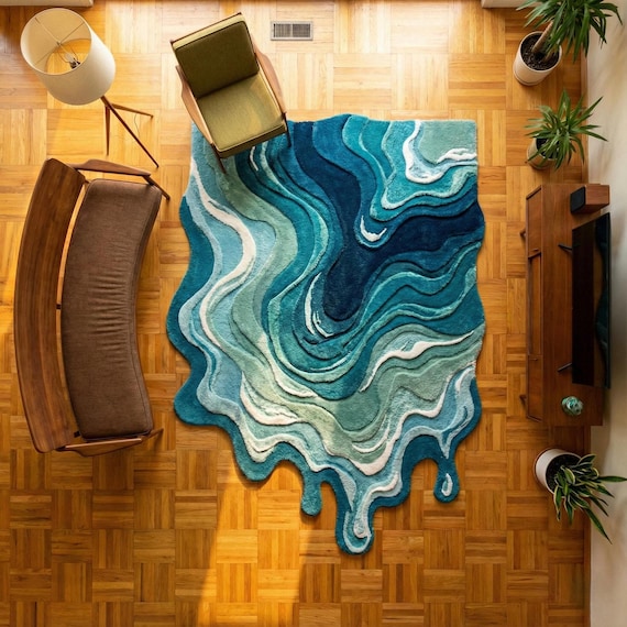 Hand Tufted Ocean Wave Rug Abstract Drip Shape Wool Area Rug Modern Designer Carpet