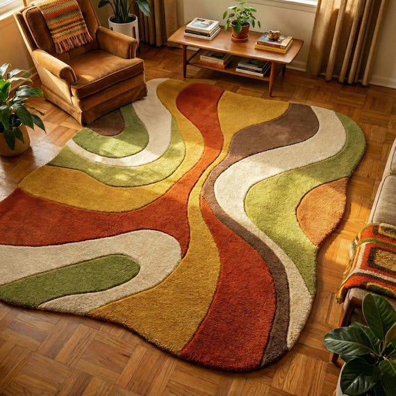 Hand Tufted Abstract Wool Rug | Wavy Shape Modern Area Rug | Earth Tone Living Room Rug | Custom Size Designer Carpet