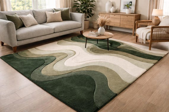 Modern Green Abstract Hand Tufted Rug, Organic Wavy Design Wool Carpet, Contemporary Living Room Rug for Bedroom & Dining