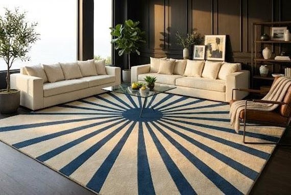 Hand Tufted Sunburst Wool Rug, Modern Blue & Ivory Area Rug, Abstract Ray Design Carpet, Living Room Statement Rug