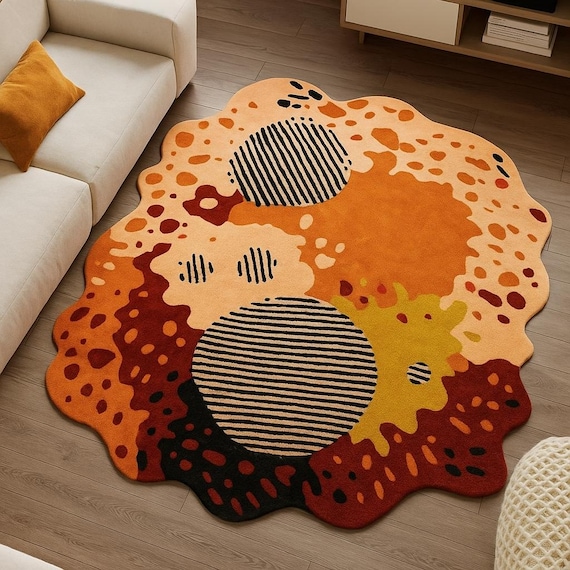 Handmade Abstract Wool Rug | Retro Wavy Colorful Floor Décor by Crafted Threads Rugs