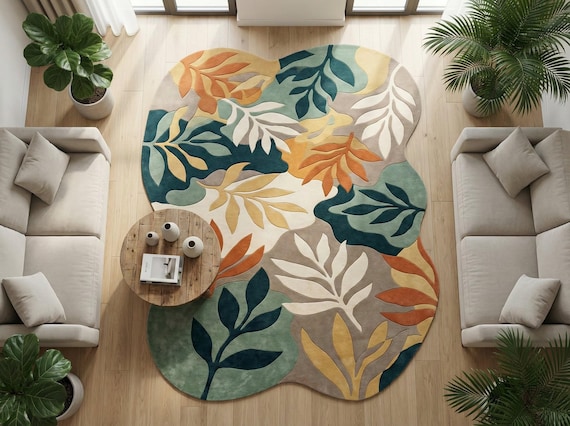 Hand Tufted Wool Area Rug Organic Modern Botanical Leaf Design Green Beige Plush Luxury Carpet 8x10 9x12 Custom Size